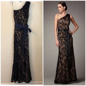 Tadashi Shoji one shoulder lace gown navy blue 2